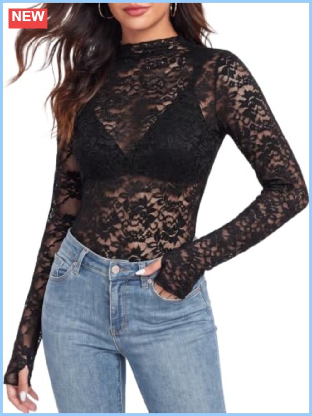 Sheer Lace Mesh Blouse Mock Neck Long Sleeve Thumbhole Fit Floral Embroidery